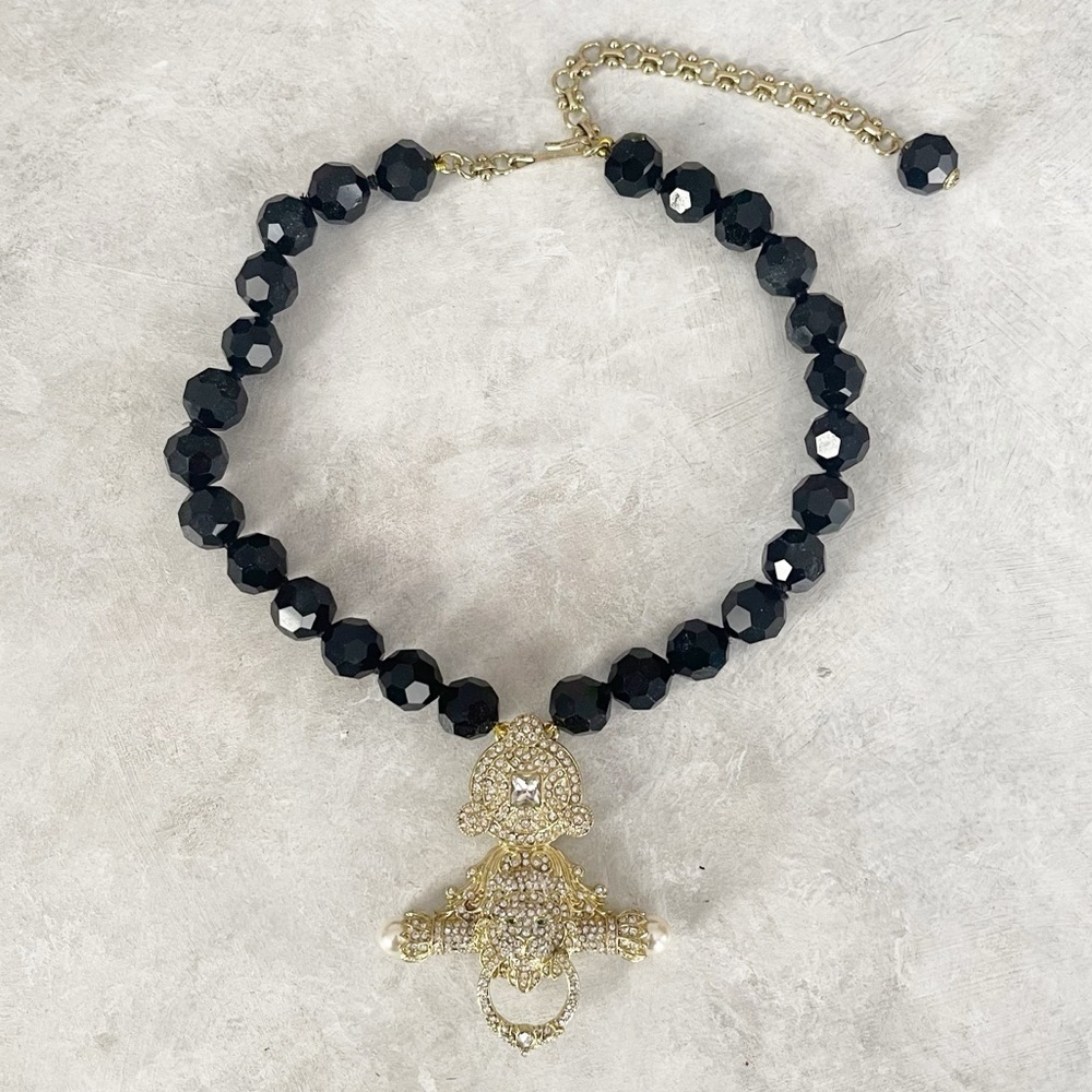 Heidi Daus Statement Necklace Black Gold Lion Doorknocker Beaded Adjustable